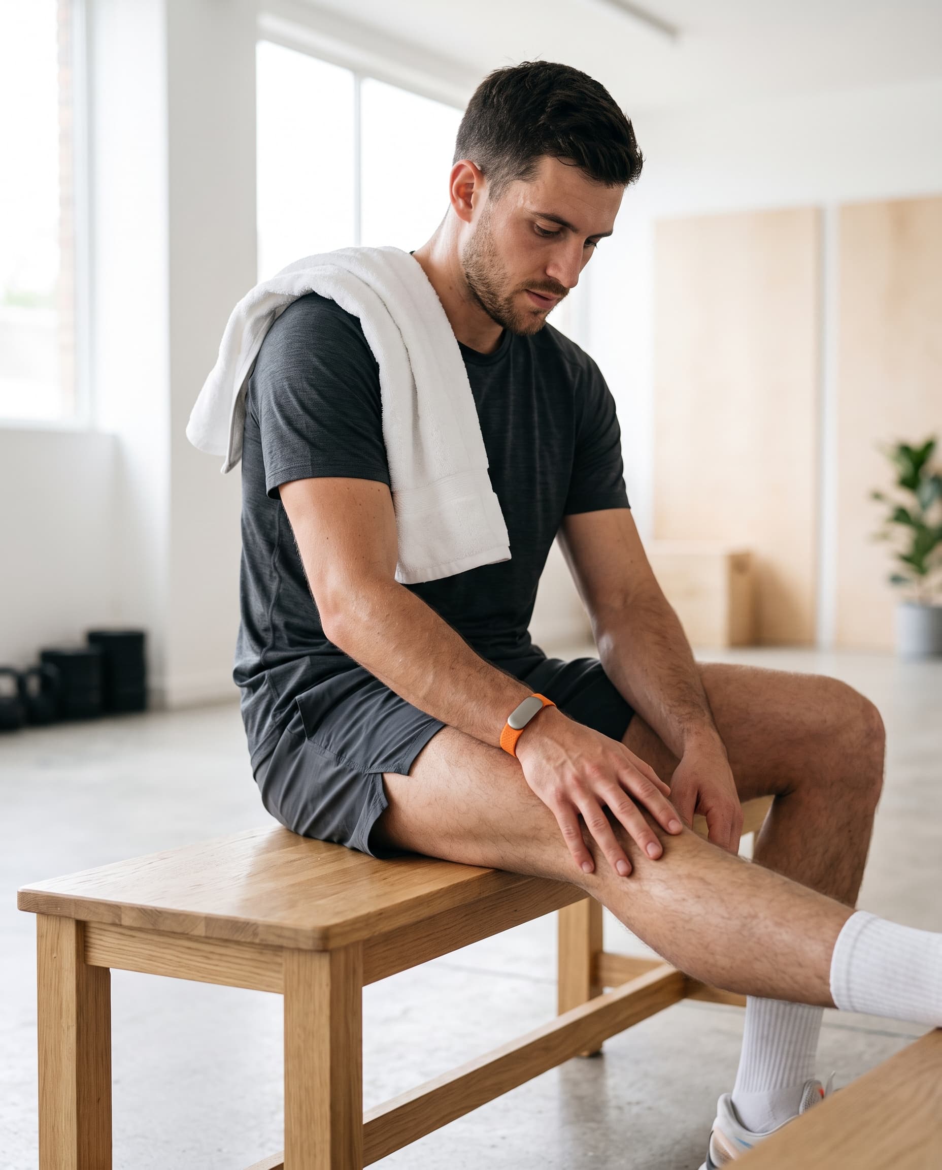 An athlete stretching on a wooden bench after training, wearing an orange PACE Band